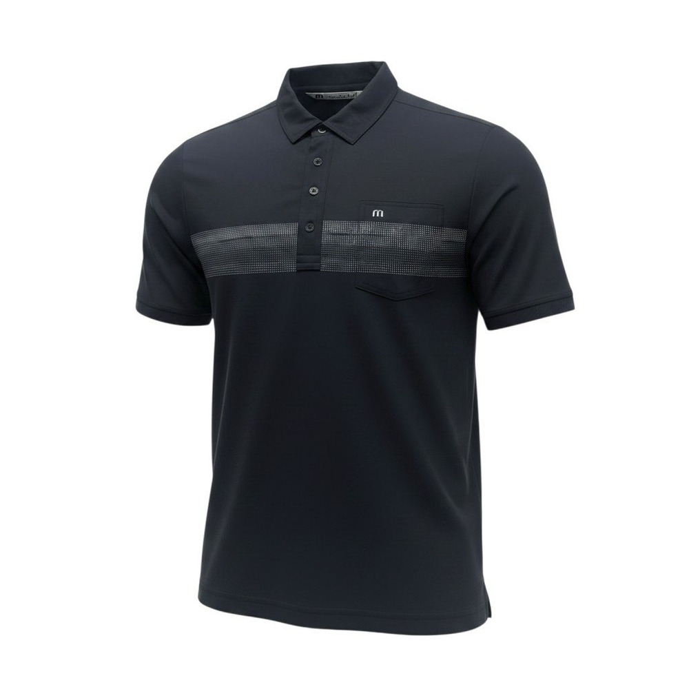 TravisMathew Polo Shirt Medium Black Grey Stripe Chest Pocket Short Sleeve - Picture 2 of 8